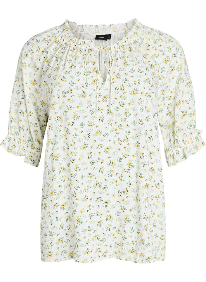 Floral viscose blouse with half-length sleeves, White, Packshot image number 0