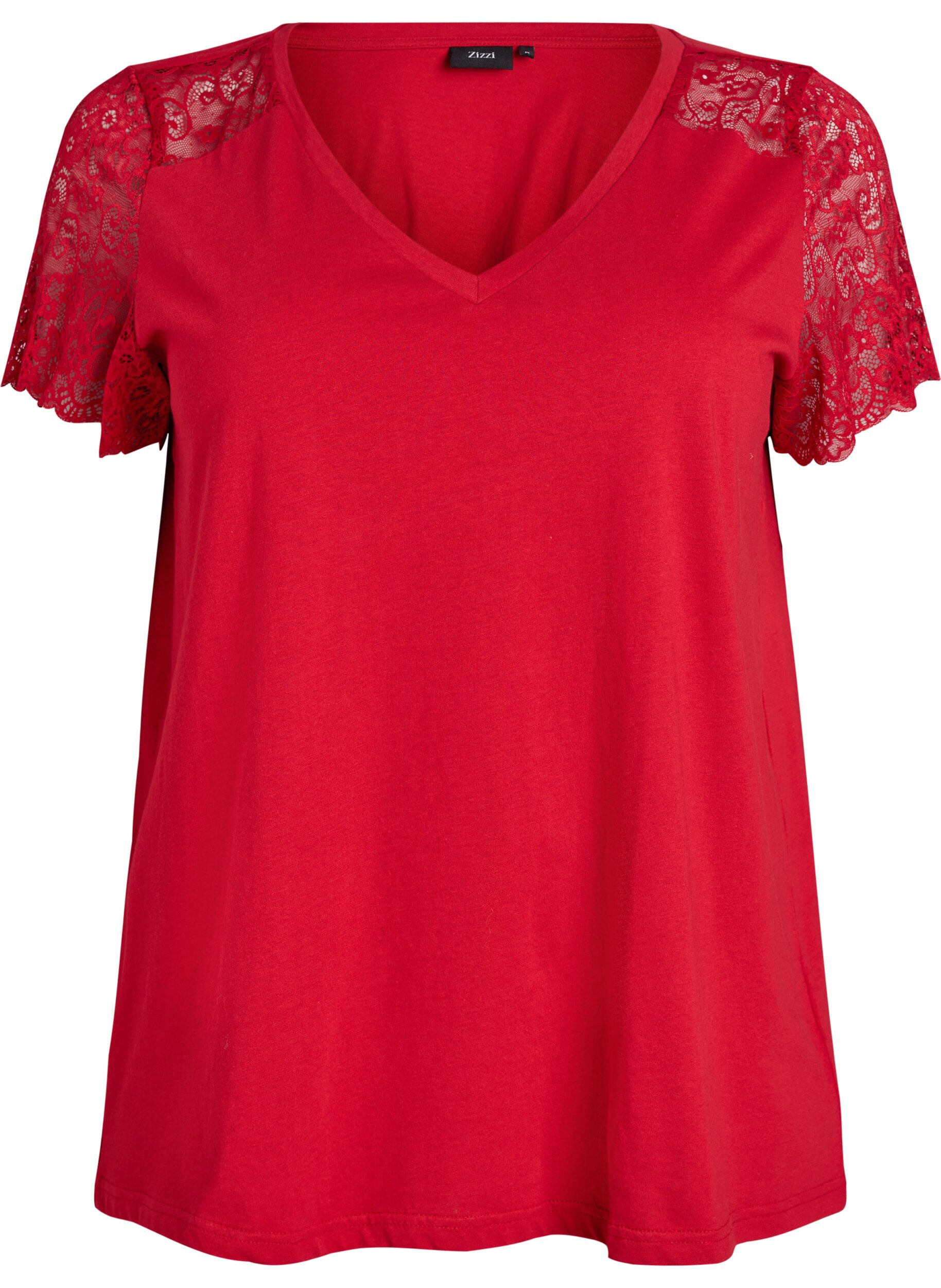 Zizzifashion Cotton T-shirt with short lace sleeves, Red, Packshot image number 0