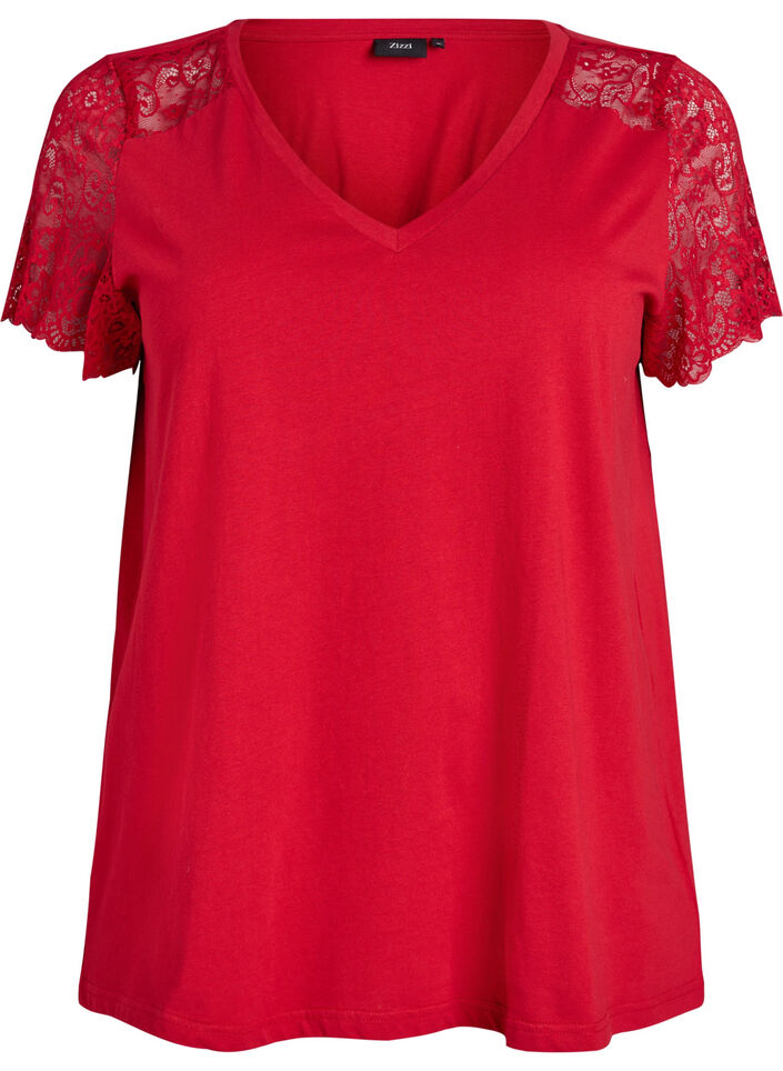 Cotton T-shirt with short lace sleeves, Red, Packshot image number 0