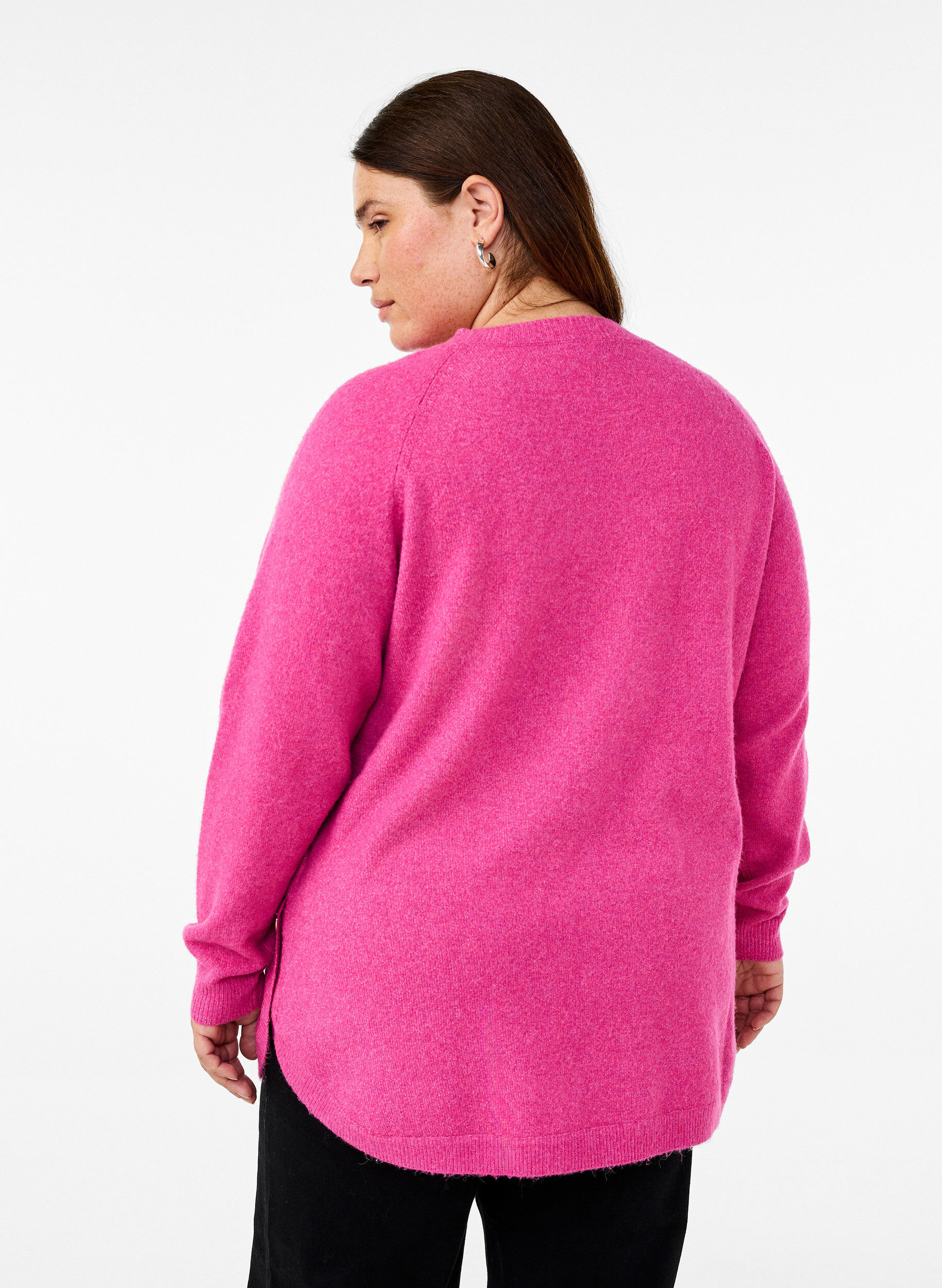 Zizzifashion Long knitted blouse with button detail at the side, Raspberry Rose Mel., Model image number 1