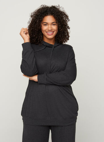 Long-sleeved blouse with a high neck and drawstring, Black, Model image number 0