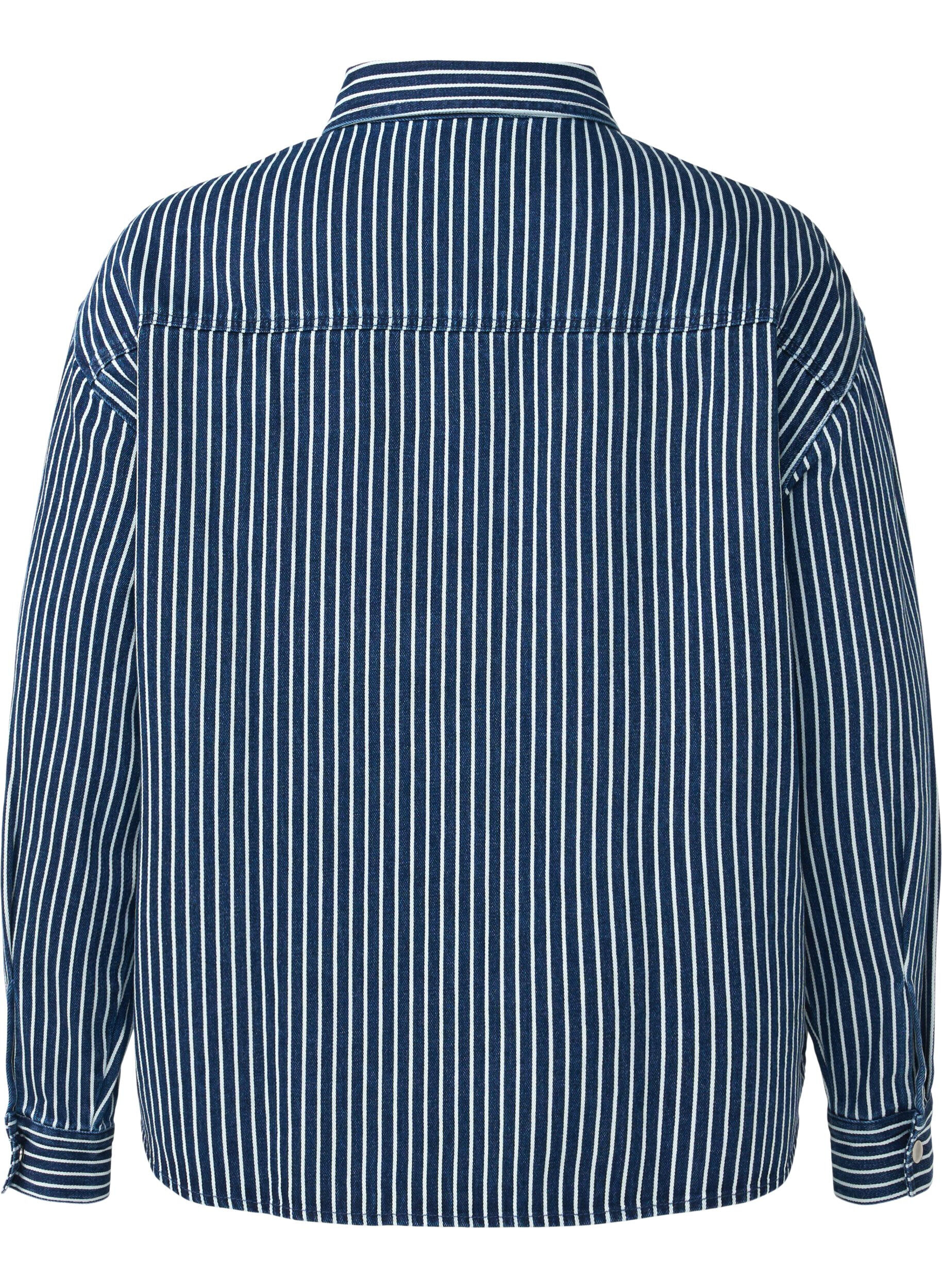 Zizzifashion Striped denim shirt with chest pockets, Blue Denim Stripe, Packshot image number 1