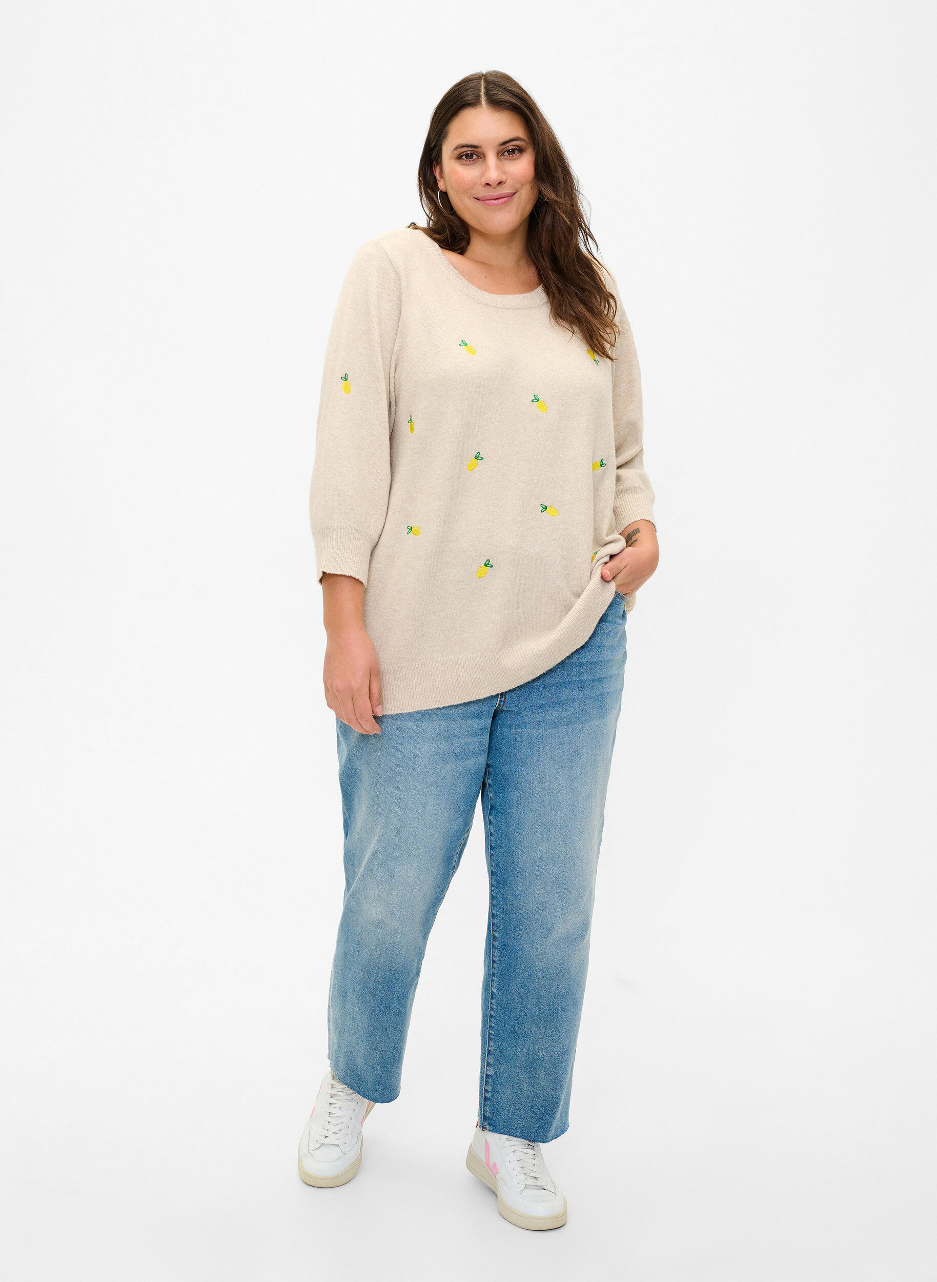 Zizzifashion 3/4 sleeve knitted blouse with lemons, P. Stone Mel. Lemon, Model image number 2