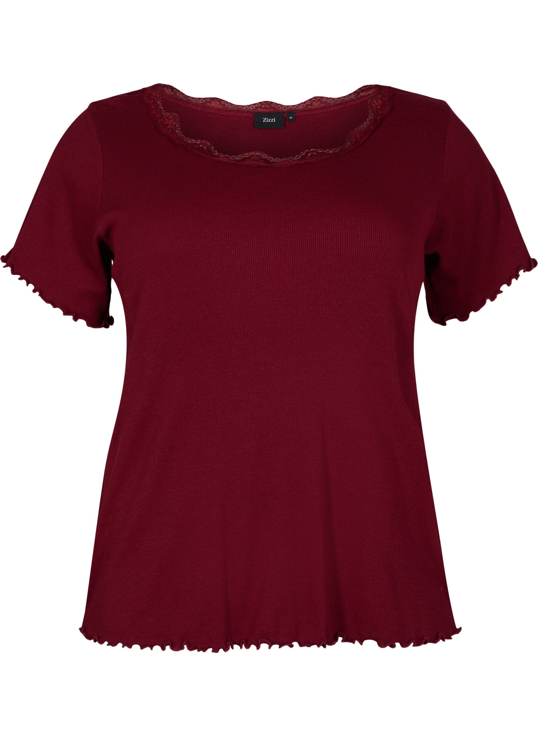 Zizzifashion Short-sleeved pyjama top with lace trim, Cabernet, Packshot image number 0