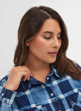 Checked cotton shirt with chest pockets, Blue/Black Check, Model image number 2