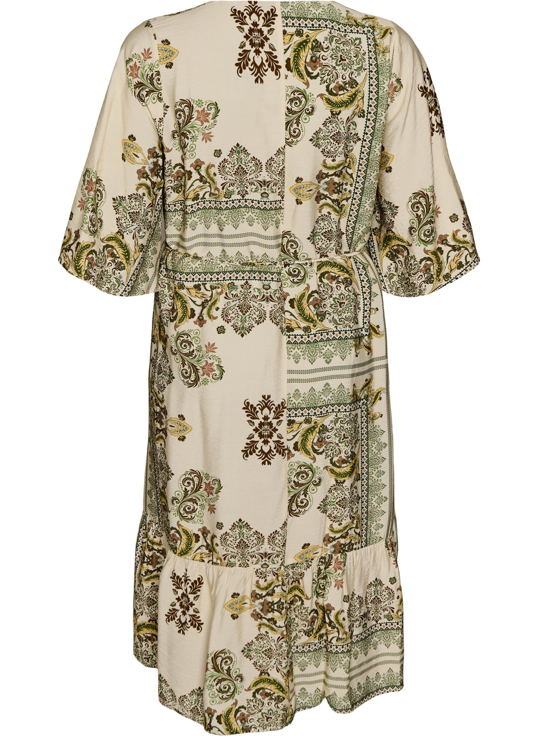 Zizzifashion Patterned midi dress in viscose with tie belt, Green, Packshot image number 1