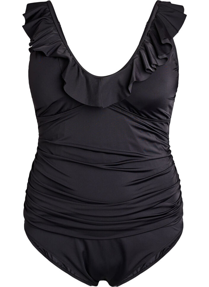 Swimsuit with ruffles and removable inserts, Black, Packshot image number 0