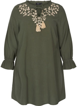 Cotton tunic with embroidery and tie details, Thyme, Packshot image number 0