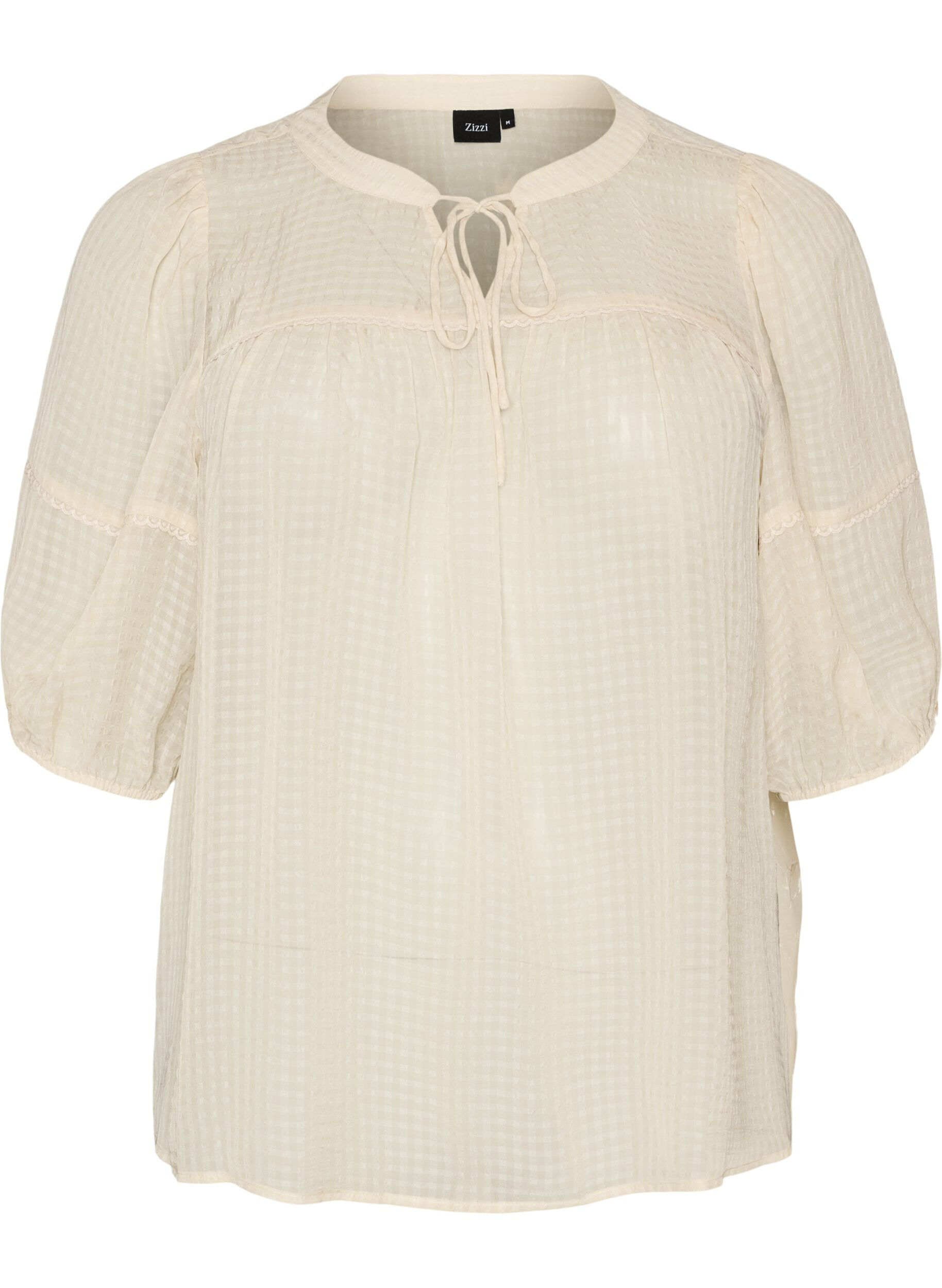Blouse in seersucker with tie-string