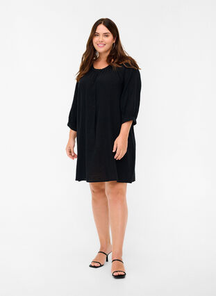 Cotton tunic with buttons and 3/4 sleeves, Black, Model image number 2