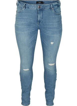 Extra slim Sanne jeans with distressed details, Light blue denim, Packshot image number 0