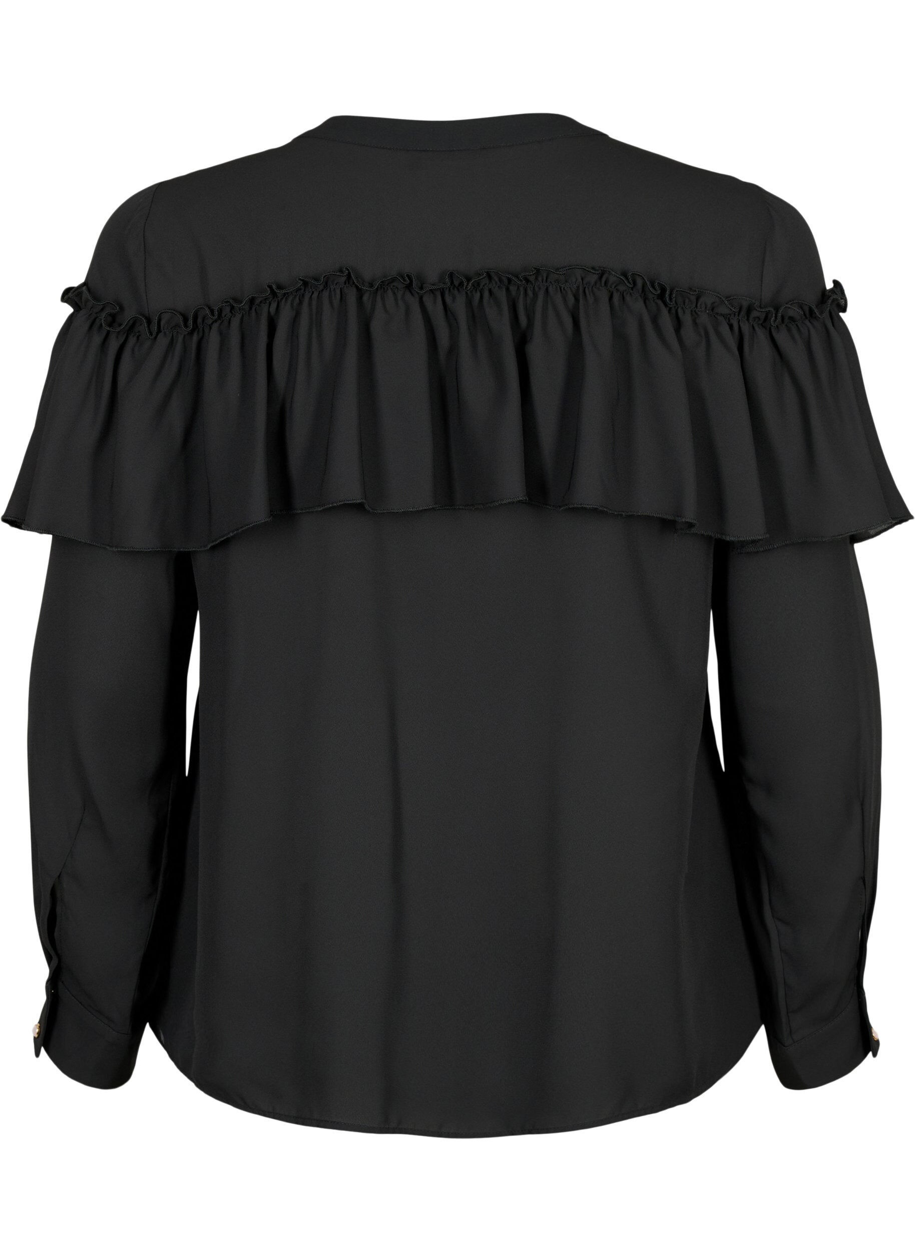 Zizzifashion Ruffle shirt blouse with pearl buttons, Black, Packshot image number 1