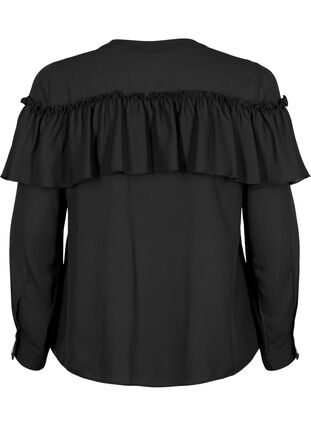 Ruffle shirt blouse with pearl buttons, Black, Packshot image number 1