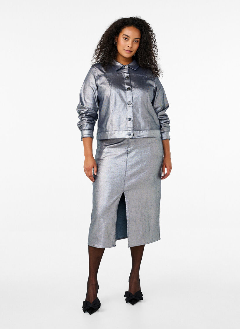 Silver coated midi skirt, Gun Sliver, Model image number 0
