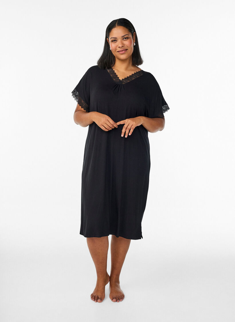 Viscose nightgown with short sleeves and lace trim, Black, Model image number 1