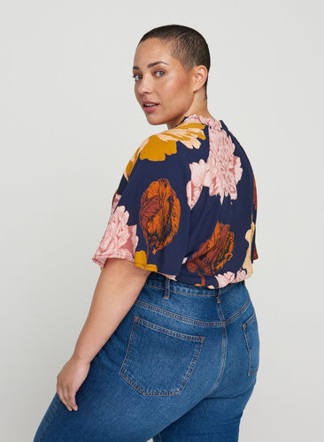 Short-sleeved viscose blouse with floral print, Navy Blazer Flower, Model image number 1