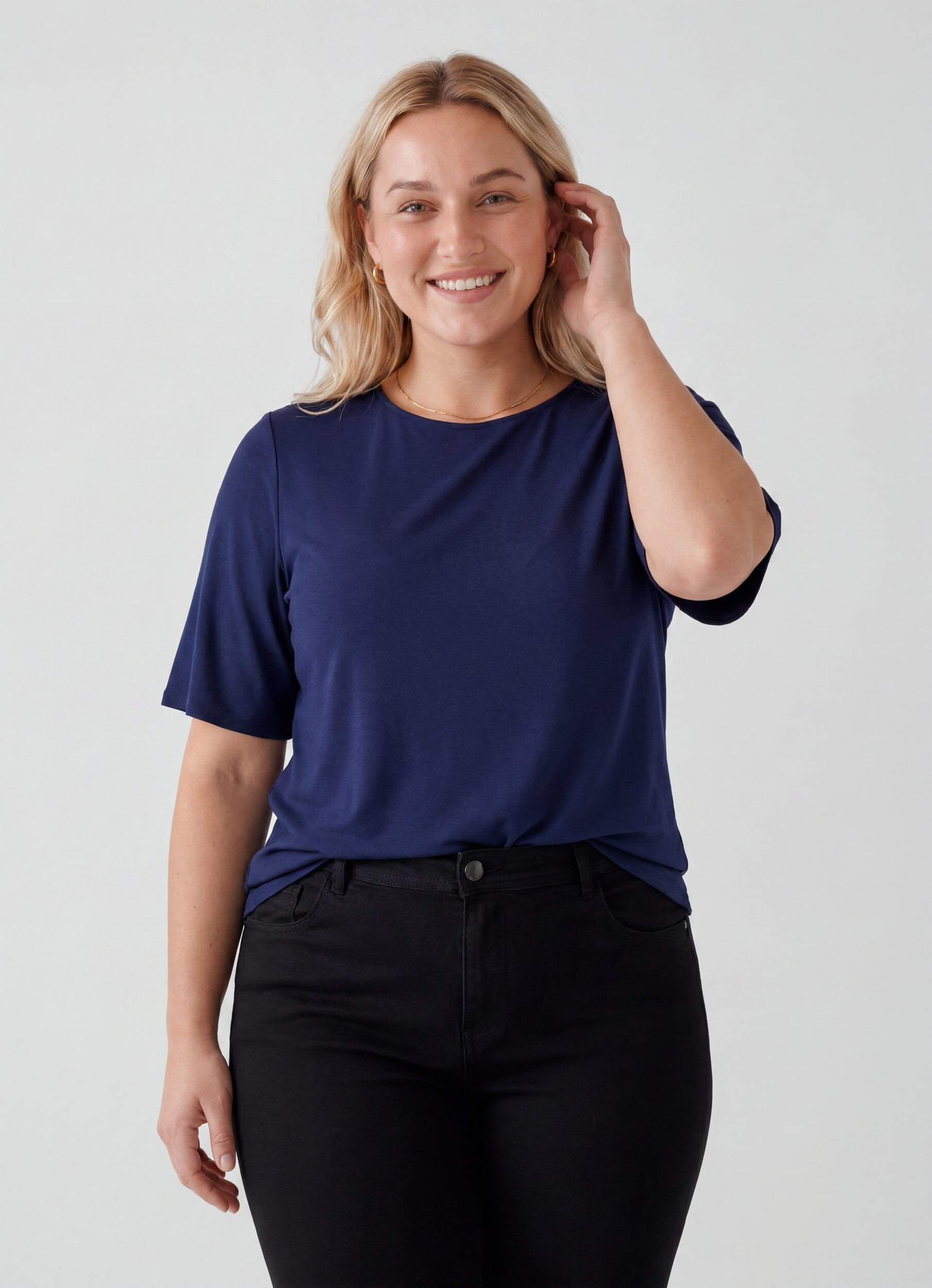ZizzifashionShort-sleeved woven blouse with round neck, Blue, Model image number 0