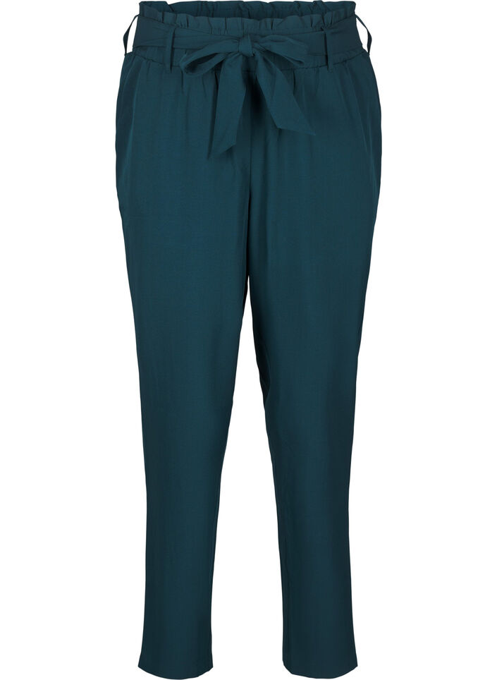 High-waisted trousers with ruffles and a tie belt, Sea Moss Melange, Packshot image number 0