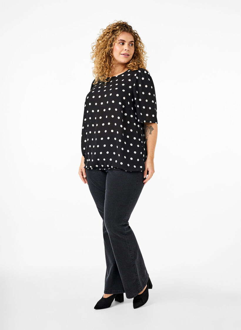 Dotted blouse with short sleeves, Black W. White Dot, Model image number 2