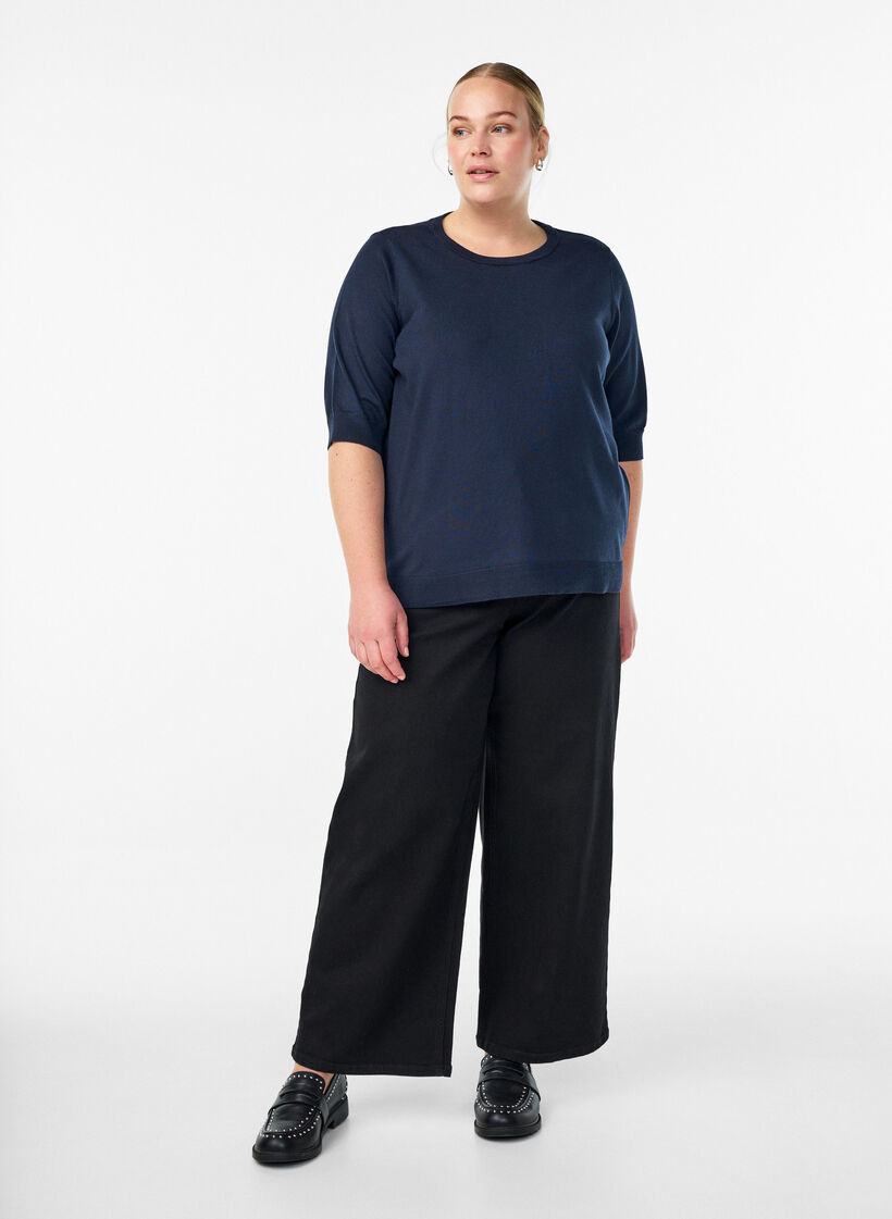 FLASH - Fine-knit blouse with short sleeves, Blue, Model image number 1