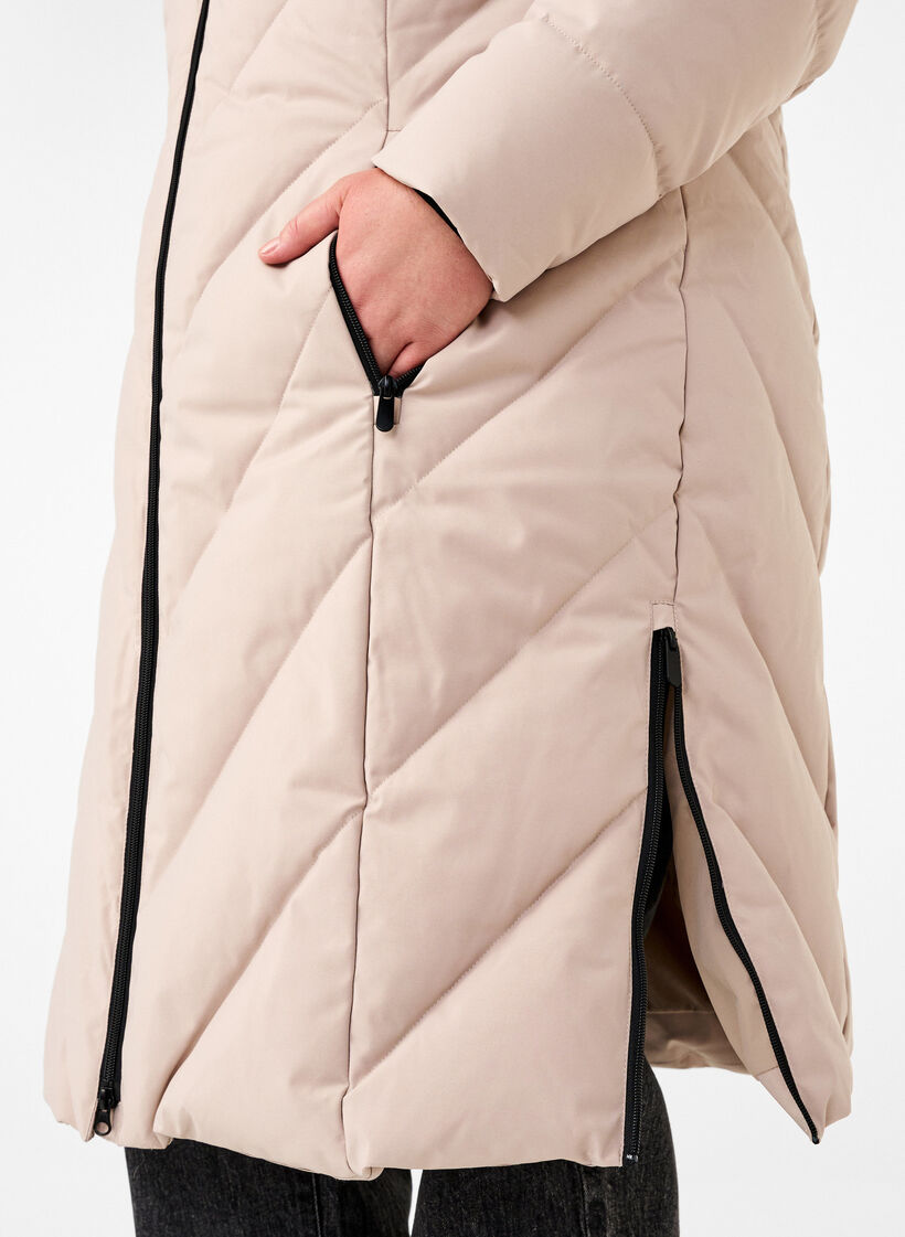 Long winter coat with hook fastenings and a faux fur collar, Beige, Model image number 3