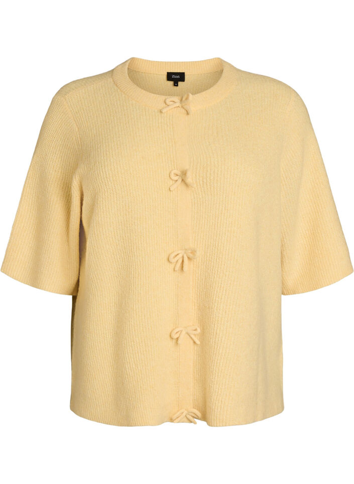 Short-sleeved knit cardigan with bows, Yellow, Packshot image number 0