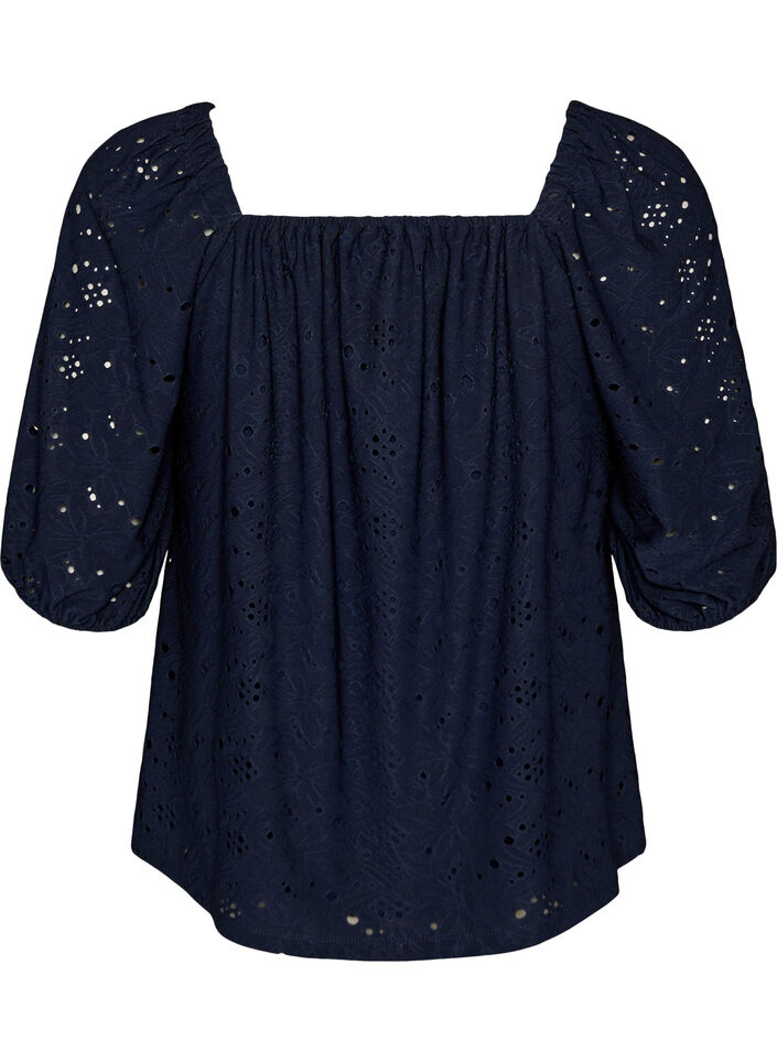 Blouse with short puff sleeves and an openwork pattern, Blue, Packshot image number 1