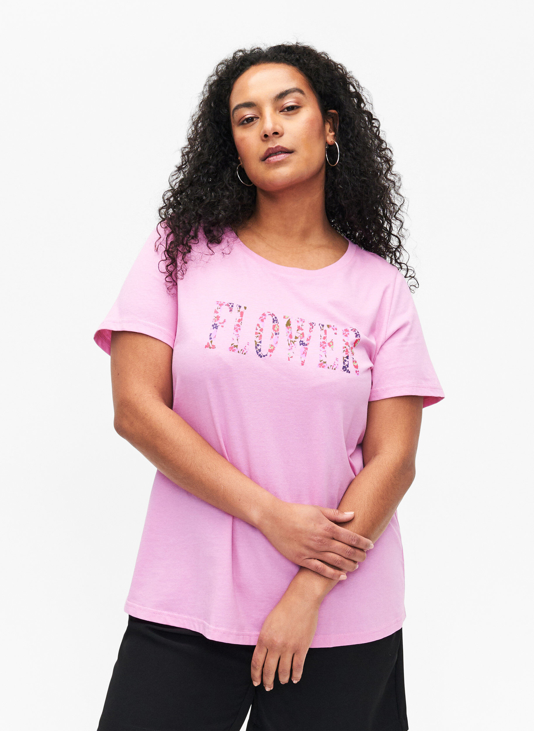 Zizzifashion Cotton T-shirt with text print, Rosebloom w. Flower, Model image number 0