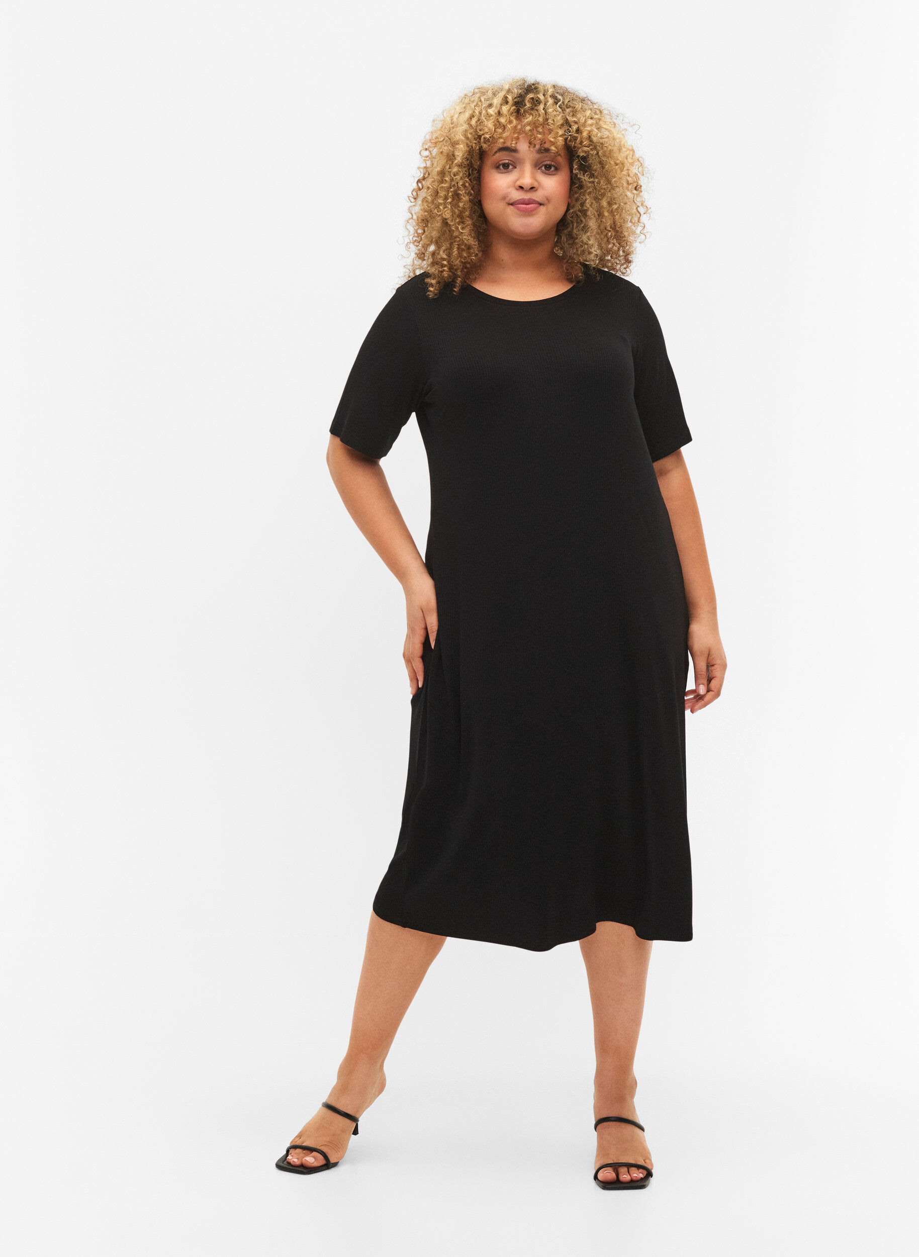 Zizzifashion Viscose rib midi dress with short sleeves, Black, Model image number 2