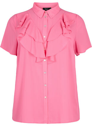 Short sleeve shirt blouse with ruffles, Pink Power, Packshot image number 0