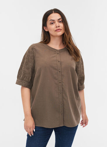 Shirt blouse with broderie anglaise, Tarmac, Model image number 0