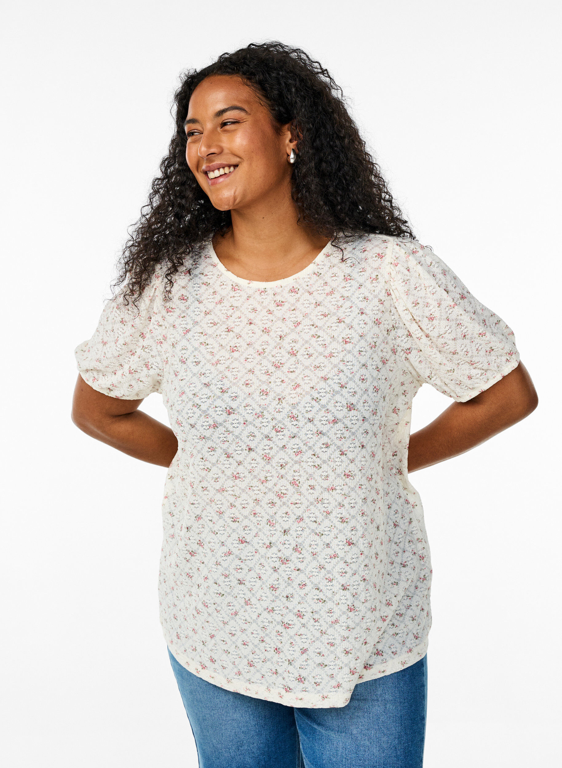 Short-sleeved jersey blouse with floral print, White, Model