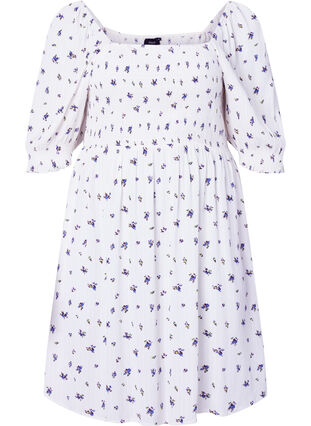 Short dress with smock and floral print, Bright White Flower, Packshot image number 0