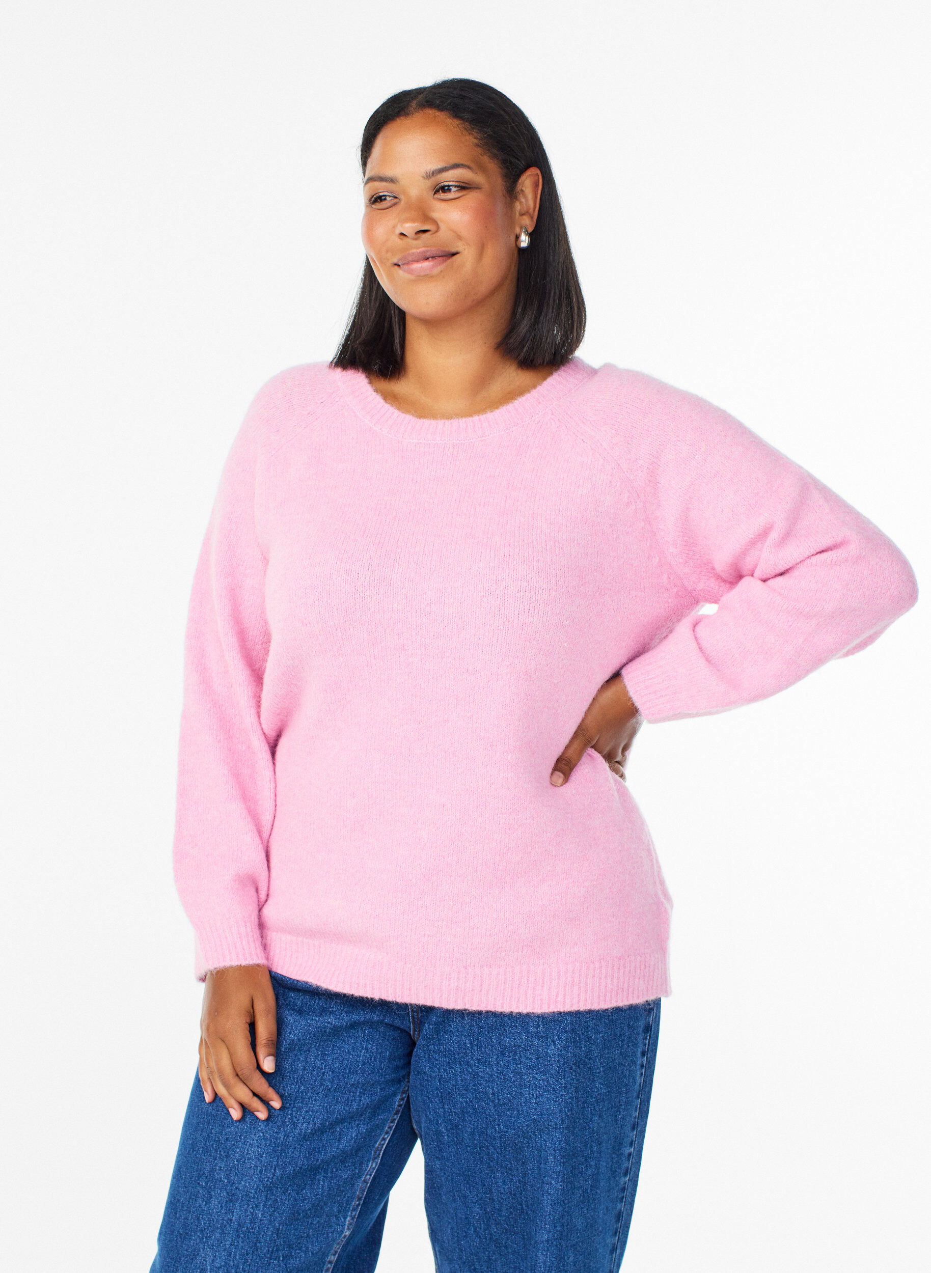 Knitted blouse with raglan sleeves, Pink, Model