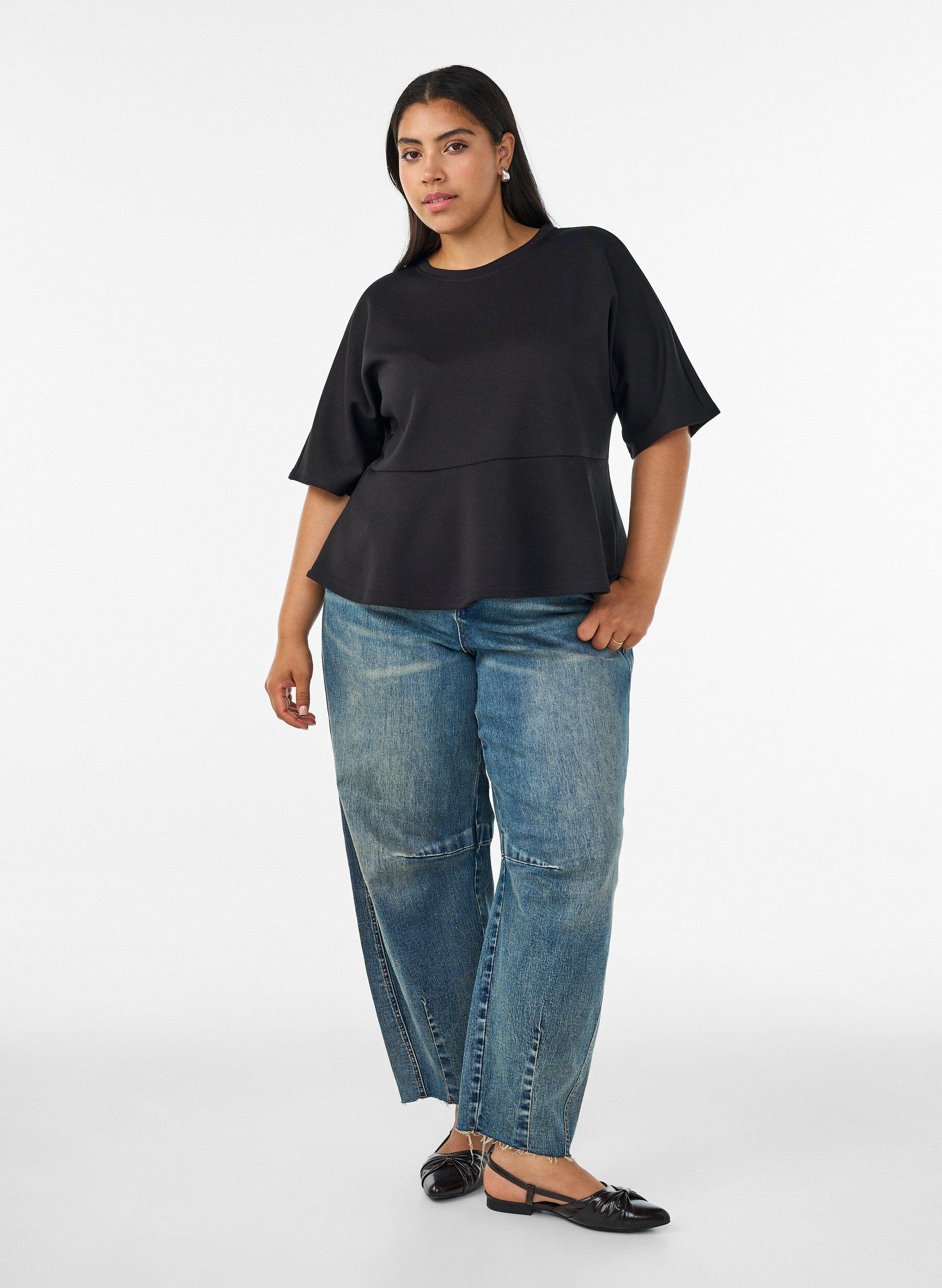 ZizzifashionPeplum blouse with elbow-length sleeves, Black, Model image number 1