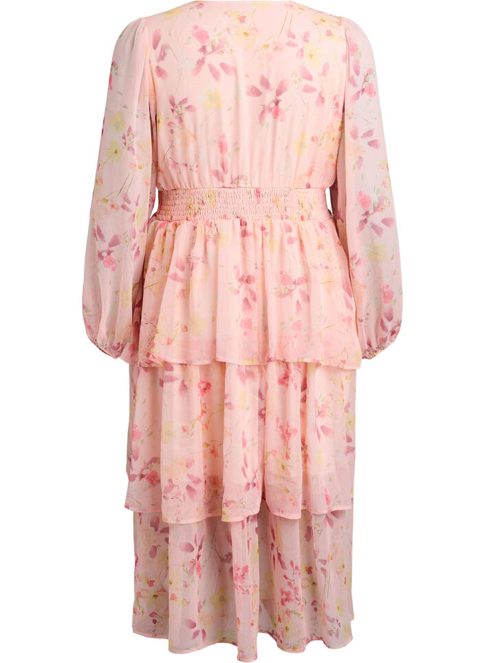 Floral midi dress in chiffon with a smocked waist, Orange, Packshot image number 1