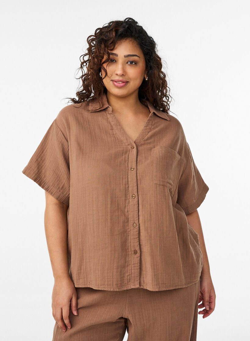 Cotton muslin blouse with short sleeves, Brown, Model image number 0