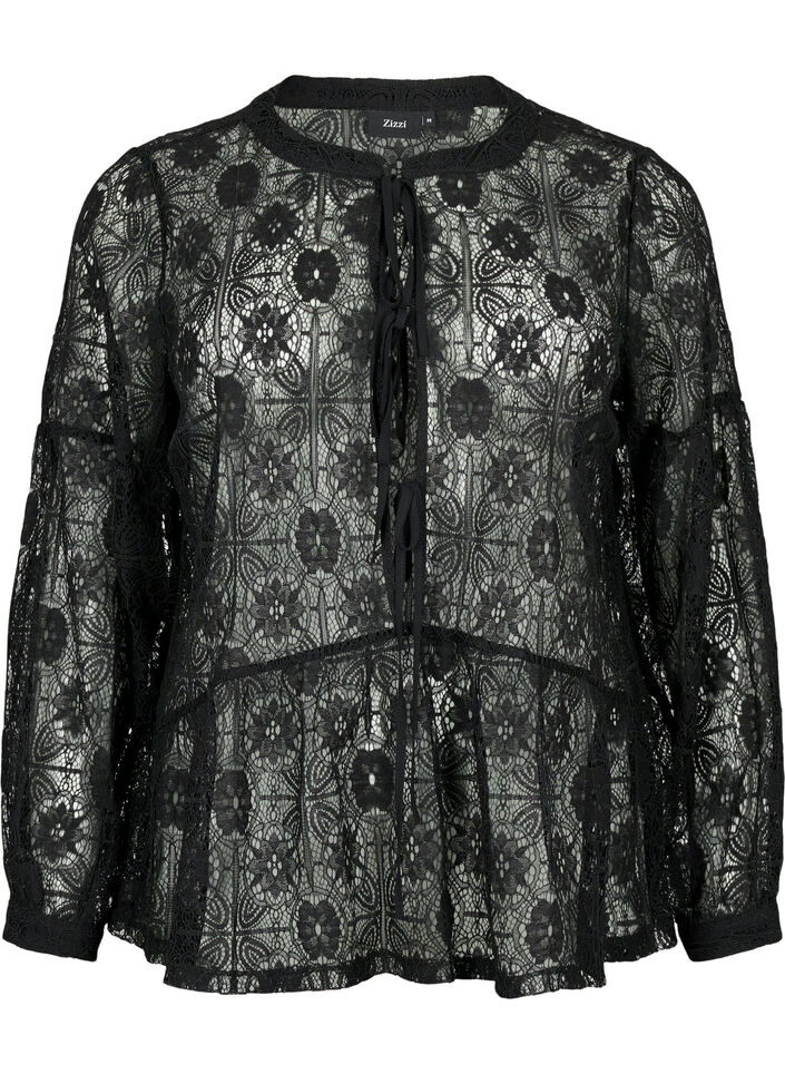 Lace blouse with tie detail, Black, Packshot image number 0