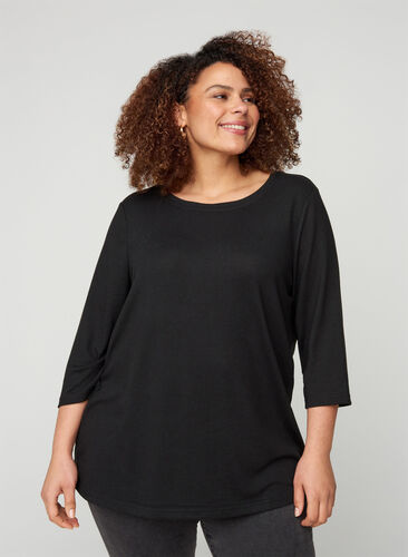 Blouse with 3/4 length sleeves and buttons, Black, Model image number 0