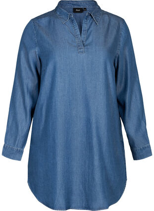 Long-sleeved lyocell tunic, Mid blue denim, Packshot image number 0