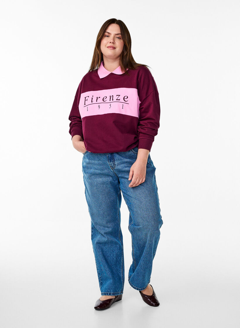 Organic cotton sweatshirt with collar and contrast print, Dark Bordeaux, Model image number 1