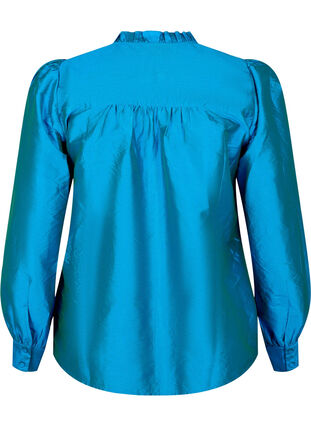 Shiny shirt blouse with ruffles, Diva Blue, Packshot image number 1