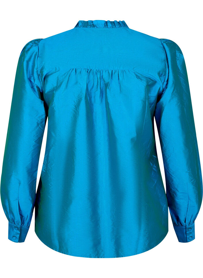 Shiny shirt blouse with ruffles, Diva Blue, Packshot image number 1