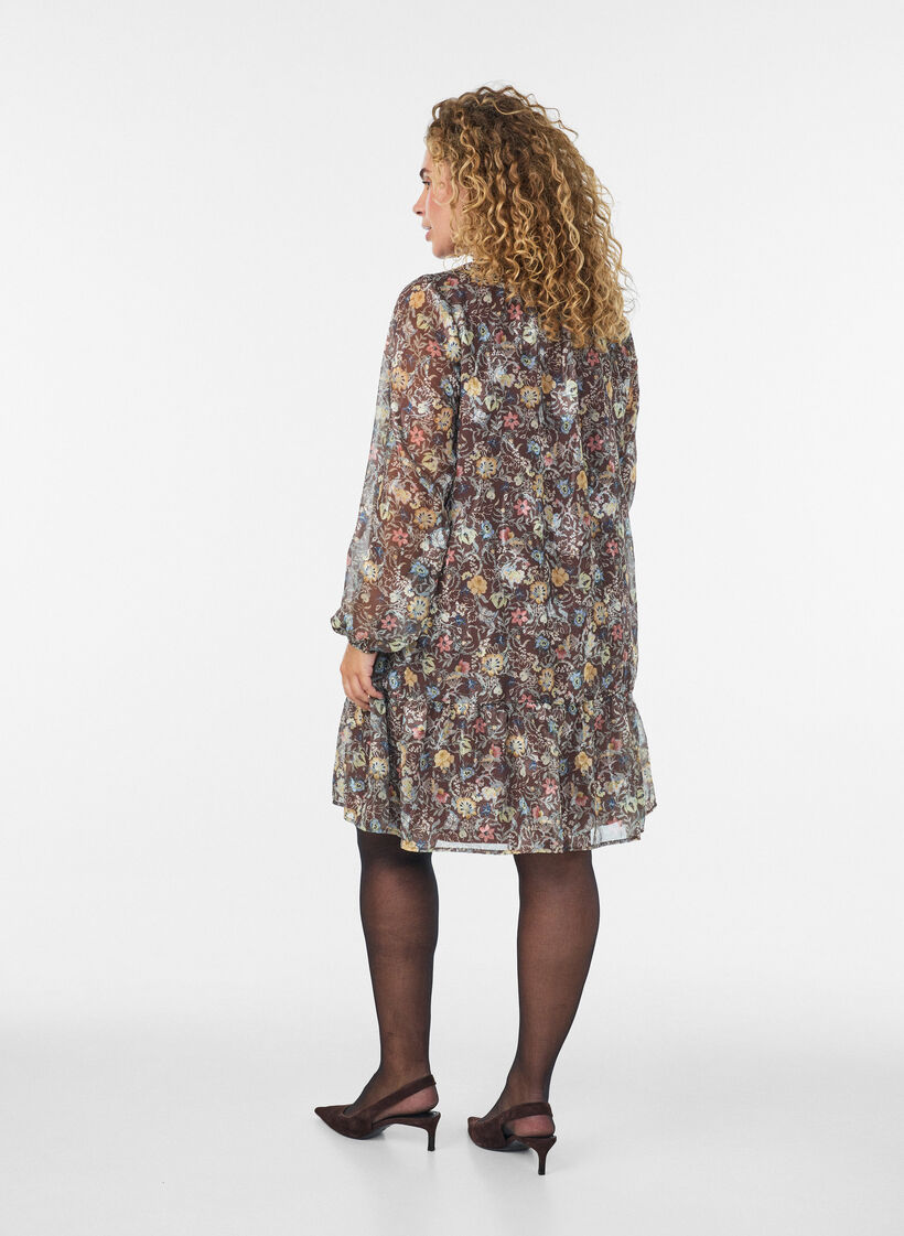 Chiffon dress with floral print and ruffle layers, Brown, Model image number 2