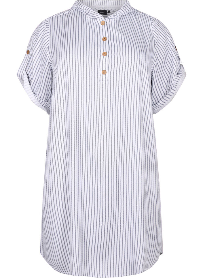 Short-sleeved viscose tunic with hood, Blue White Stripe, Packshot image number 0
