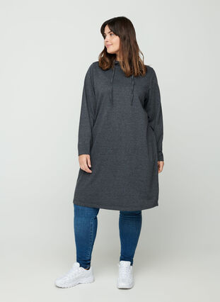 Simple sweat dress with a hood, Black, Model image number 2