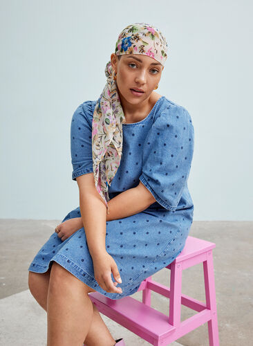 Dotted denim dress with short puff sleeves, Blue denim w. Dot, Image image number 1