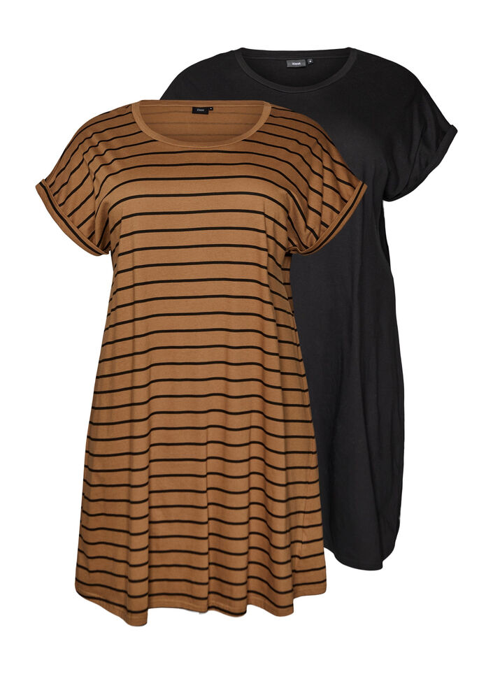 2-pack T-shirt dress with short sleeves, Brown, Packshot image number 0