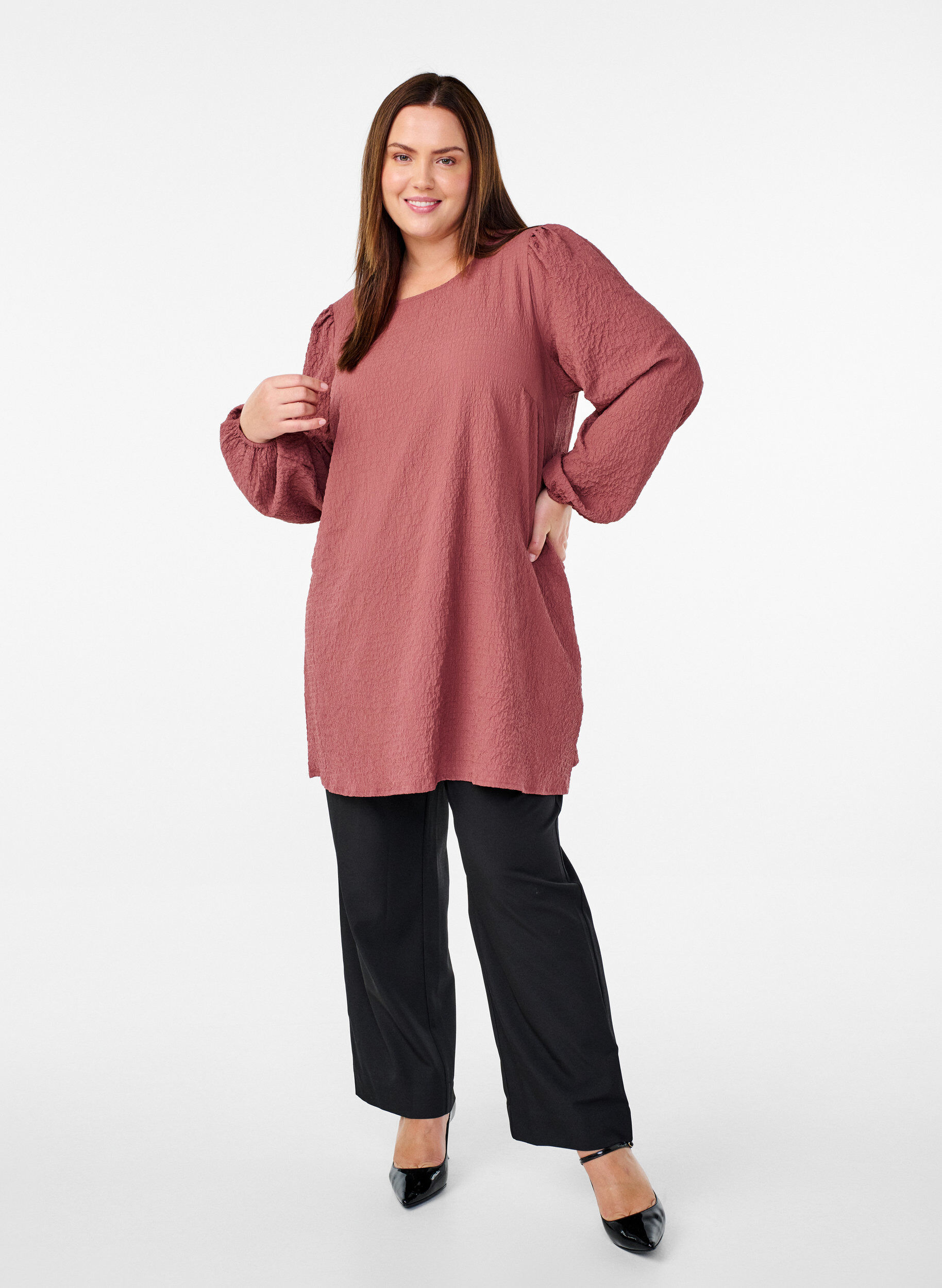 Zizzifashion FLASH - Long-sleeved tunic with a round neck, Brown, Model image number 1