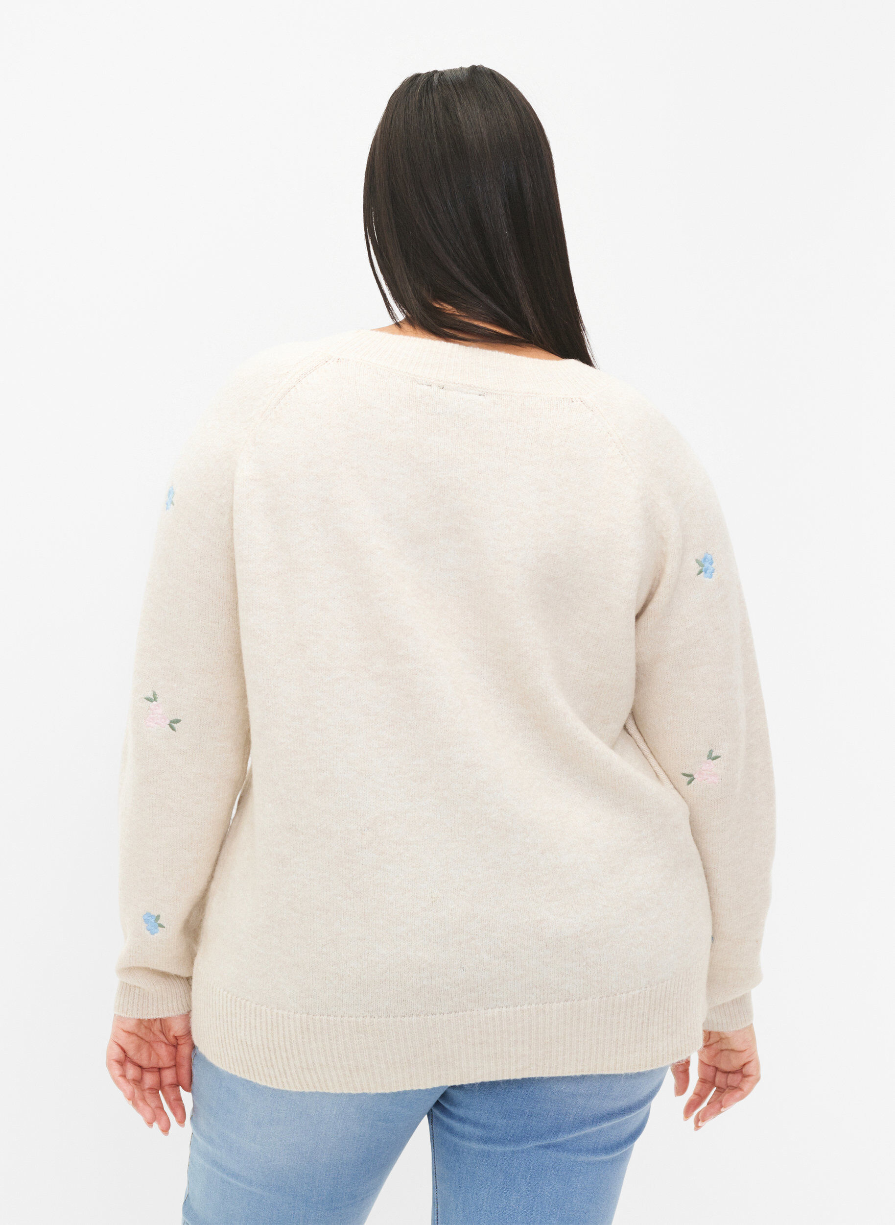 Zizzifashion Knitted sweater with embroidered flowers, Birch Comb, Model image number 1